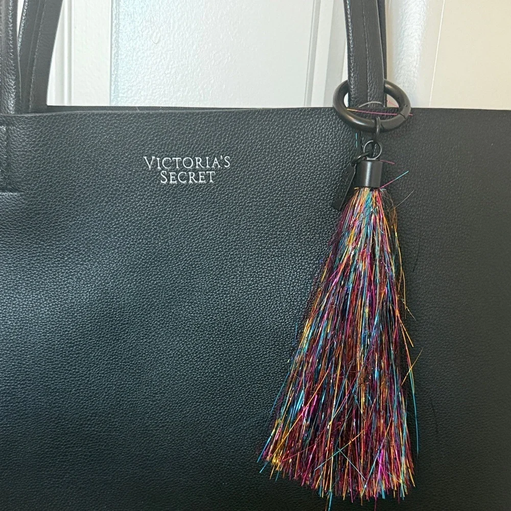 Victoria’s Secret Black Canvas Tote Bag Colorful Tassel Women’s Large Shopper